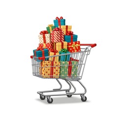Shopping Cart Full of Colorful Christmas Presents Isolated on White Background