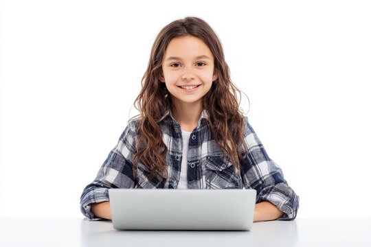 Girl with a laptop smiling against a white background