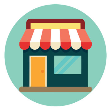 Colorful Flat Design Storefront Icon with Awning on Circular Background for Web Use on white background