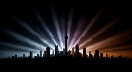 Striking silhouette of urban skyline with radiant beams showcasing modern architecture