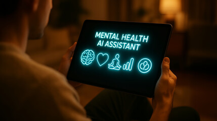 Person holding tablet showing mental health ai assistant concept with digital technology innovation therapy support stress management and wellness guidance