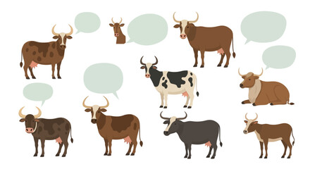 Fototapeta premium A collection of illustrative bovine characters with speech bubbles offering conversational