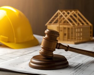 Gavel on blueprints with hard hat and house model