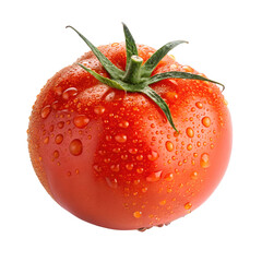 A ripe, red tomato covered in glistening water droplets, isolated on a pure transparent background, highlighting its juicy texture and vibrant color, perfect for culinary and healthrelated visuals