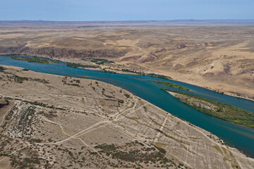 The Ili River and the sandy coastal area. The largest river in Semirechye. The view from the drone....
