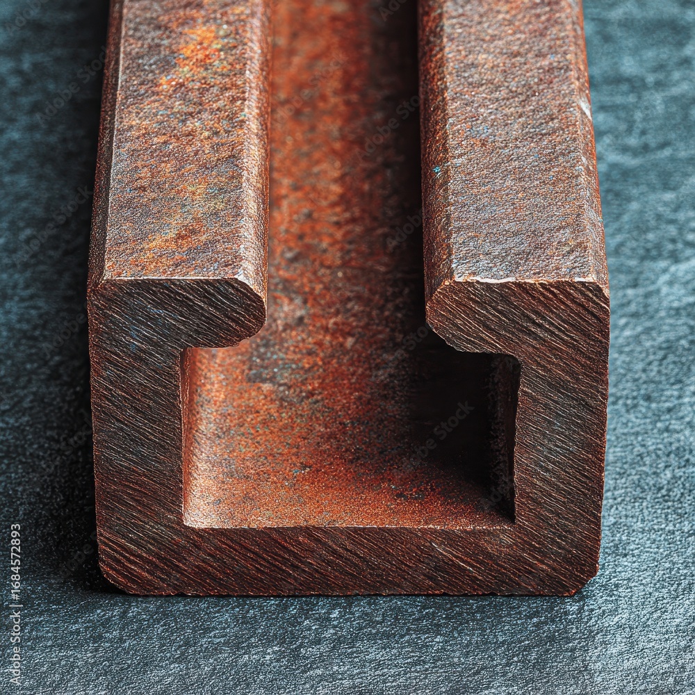 Poster close up of a rusty, u shaped metal channel on a dark gray surface. the texture and details of the r