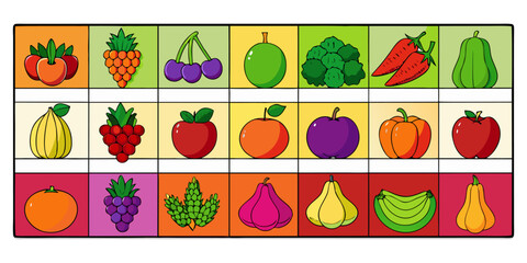 A colorful, neatly organized grid of fruits and vegetables arranged by color gradient from red to purple. Each row displays a variety of fresh produce like tomatoes, carrots, bananas, apples, grapes, 