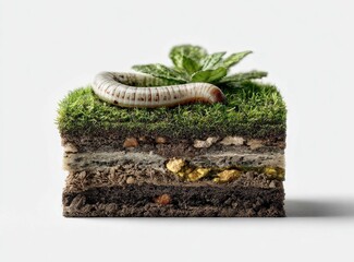 Cubic soil sample, worm, and leaves
