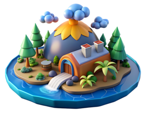 Cartoon Island with a Volcano, House, and Palm Trees in the Ocean erupting isolated on a transparent background