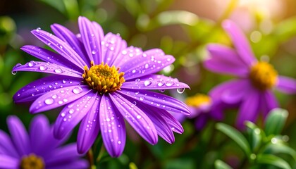 Obraz premium Dew-kissed purple flowers in sunlight