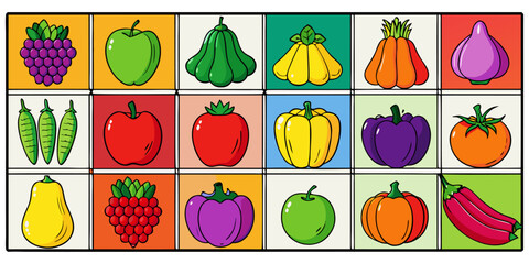 A colorful, neatly organized grid of fruits and vegetables arranged by color gradient from red to purple. Each row displays a variety of fresh produce like tomatoes, carrots, bananas, apples, grapes, 