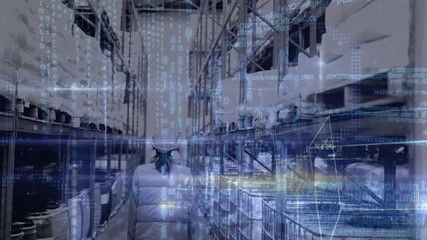 Data processing against rear view of female worker at warehouse - Powered by Adobe