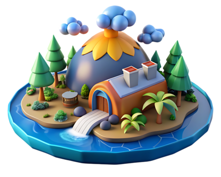 Cartoon Island with a Volcano, House, and Palm Trees in the Ocean erupting isolated on a transparent background