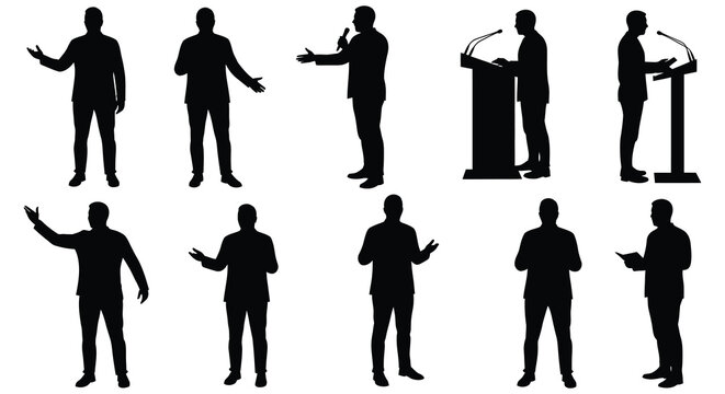 silhouettes of speakers at podiums and gesturing during presentations