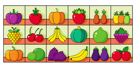 A colorful, neatly organized grid of fruits and vegetables arranged by color gradient from red to purple. Each row displays a variety of fresh produce like tomatoes, carrots, bananas, apples, grapes, 