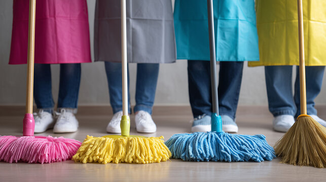 Colorful mops lined up for janitorial cleaning services workplace hygiene floor maintenance organization equipment and professional cleanliness care concept