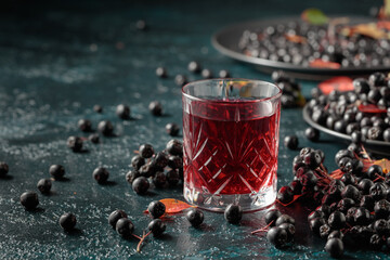 Black chokeberry drink and fresh berries.