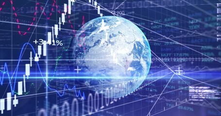 Animation of statistics and financial data processing with binary coding over globe on grid - Powered by Adobe