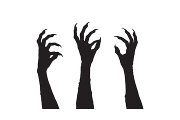 Three spooky black silhouette monster hands with sharp claws reaching up isolated on white background