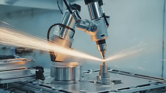 Generative industrial session featuring an automated robotic arm performing precision laser cladding on a metal component