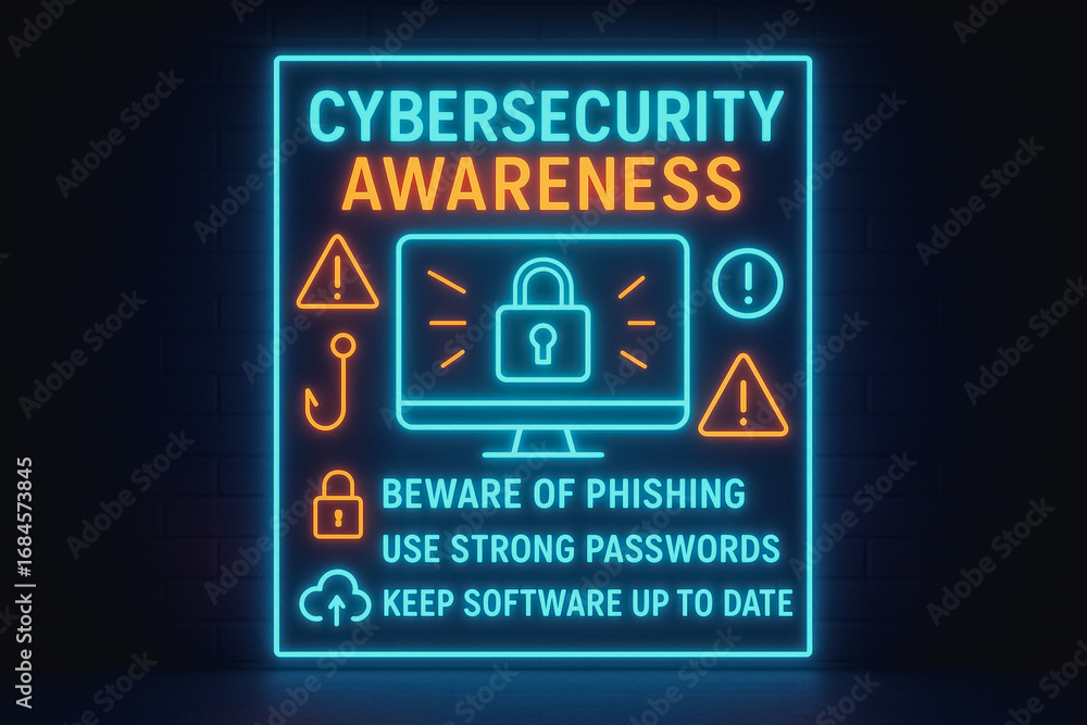 Aufkleber cybersecurity awareness: digital illustration of a neon sign highlighting cybersecurity awareness wi
