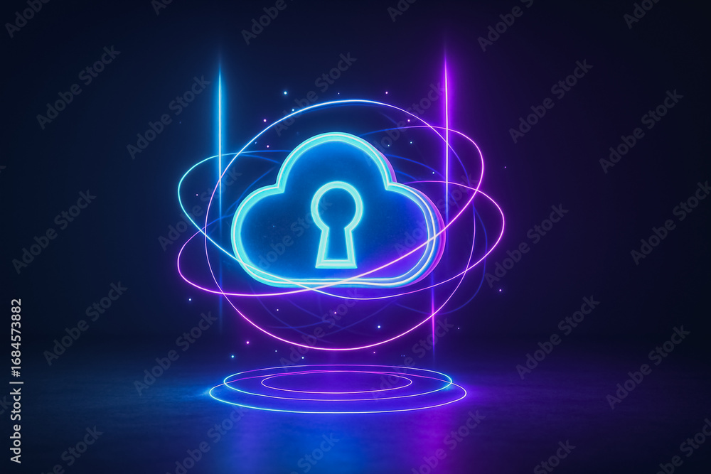 Poster cloud data security: a neon-lit cloud with a keyhole symbolizes secure data storage and network prot