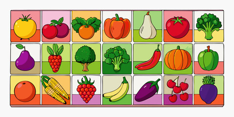 A colorful, neatly organized grid of fruits and vegetables arranged by color gradient from red to purple. Each row displays a variety of fresh produce like tomatoes, carrots, bananas, apples, grapes, 