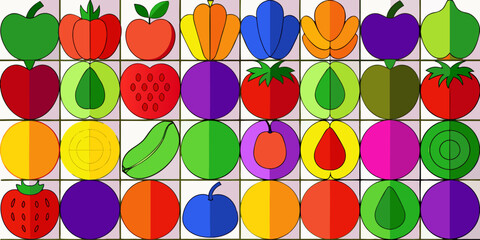 A colorful, neatly organized grid of fruits and vegetables arranged by color gradient from red to purple. Each row displays a variety of fresh produce like tomatoes, carrots, bananas, apples, grapes, 