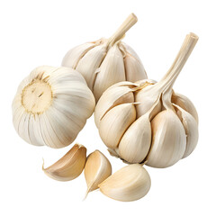 A group of fresh garlic bulbs and cloves, isolated on transparent background, showcasing their natural texture and shape, perfect for culinary or healthrelated content