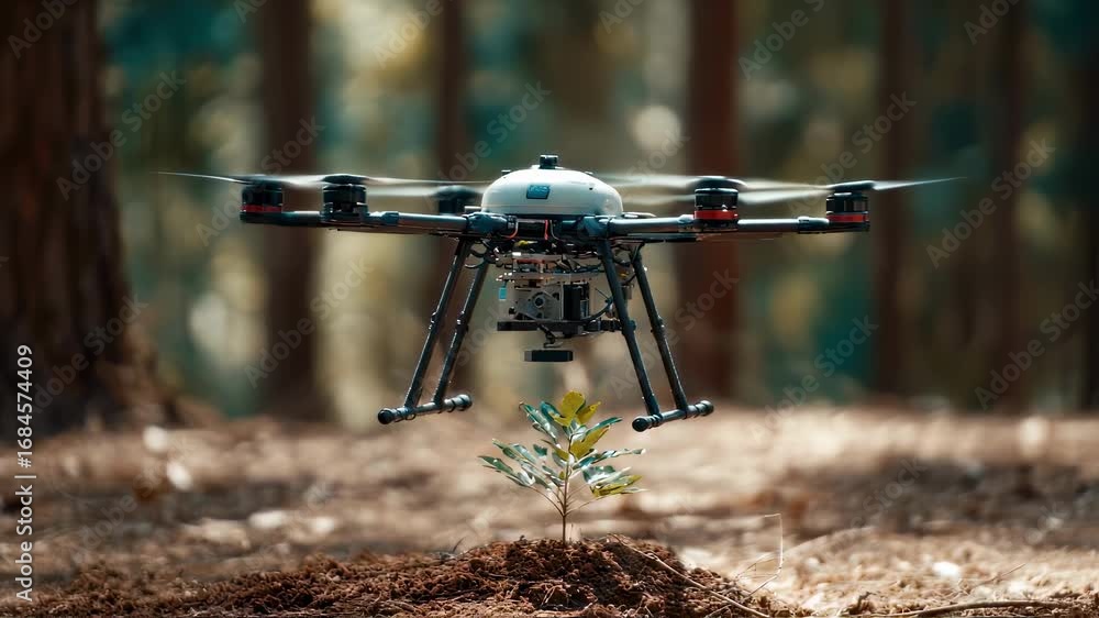 Poster medium shot of a drone landing on a small clearing inside a reforestation plot focused on drone land