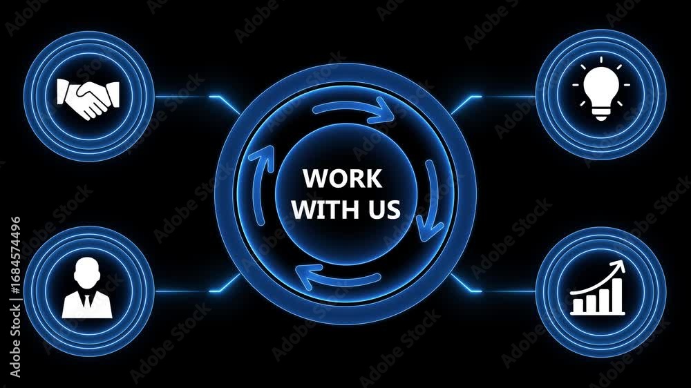 Poster animated neon business icons illustrating teamwork and progress within a digital circle