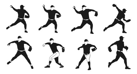 baseball players in various pitching and throwing actions