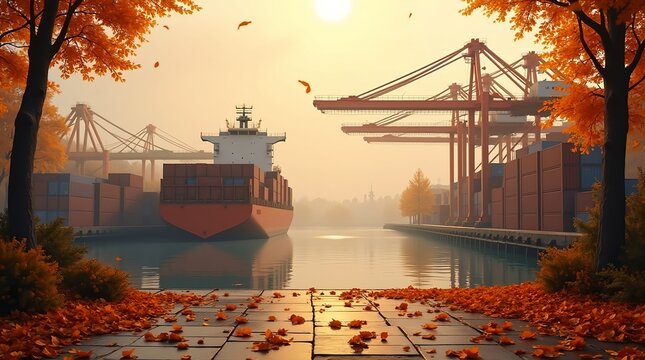 Foggy autumn industrial harbor with cranes, cargo containers, scattered leaves on the dock, warm reflections on water, cinematic perspective, detailed industrial equipment, calm atmospheric scene - Powered by Adobe