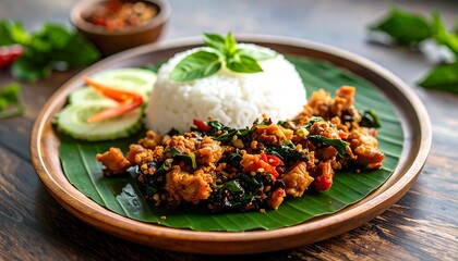 A flavorful dish of stir-fried pork with aromatic herbs and spices, served atop a bed of fluffy white rice, arranged beautifully on a wooden plate covered with a vibrant banana leaf.