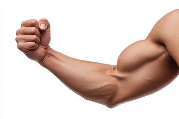 Isolated white background featuring the elbow of a muscular Asian man