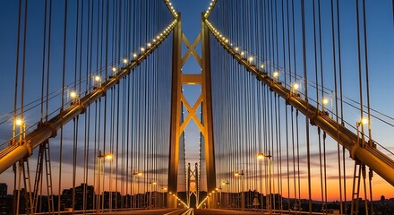 Fototapeta premium Illuminated Suspension Bridge at Twilight, Symbolizing Connection