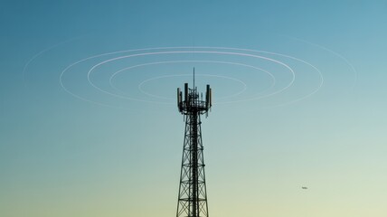 Modern communication tower broadcasting signals against a clear sky