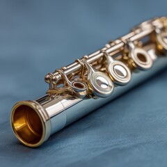 Naklejka premium Close up of a silver flute resting on a blue fabric background. The flute's details and craftsmanship are highlighted.