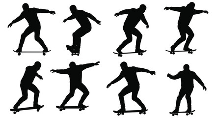 skateboarder silhouettes performing various tricks and movements
