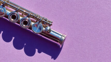 Obraz premium Close up of a silver flute resting on a textured purple surface, cast with a shadow. 
