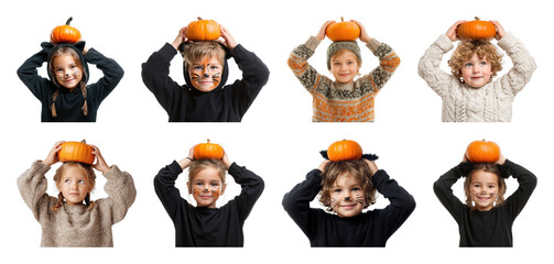 PNG Children holding pumpkins smiling, element set on transparent background