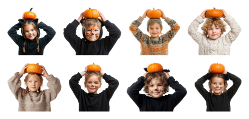 PNG Children holding pumpkins smiling, element set on transparent background