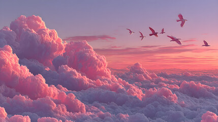 Birds flying above pink clouds at sunset