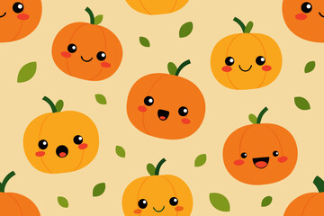 Cute kawaii pumpkins pattern with green leaves on a cream background
