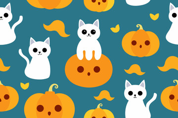 Cute white cats and pumpkins seamless pattern for halloween