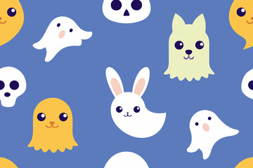 Cute halloween characters seamless pattern with ghosts skulls and bunny