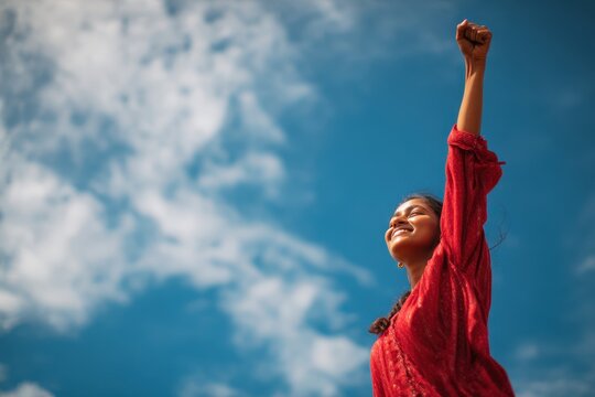 Joyful Indian girl celebrating set against a cloudy sky from below - Powered by Adobe