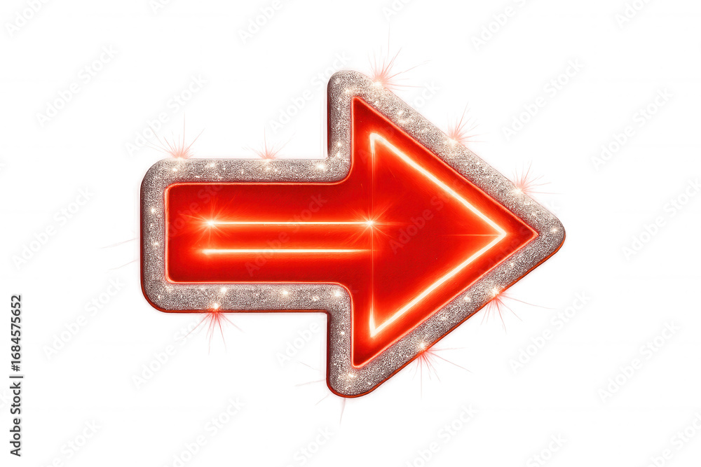 Poster glowing red neon arrow with sparkling silver border directing rightward, emphasizing design for digi