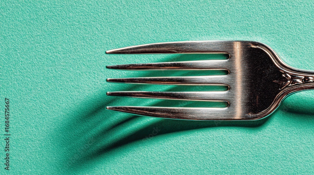 Poster close up of a silver fork on a teal textured fabric background. the image has a minimalist style.