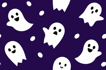 Cute white ghosts with happy and surprised faces on a purple background